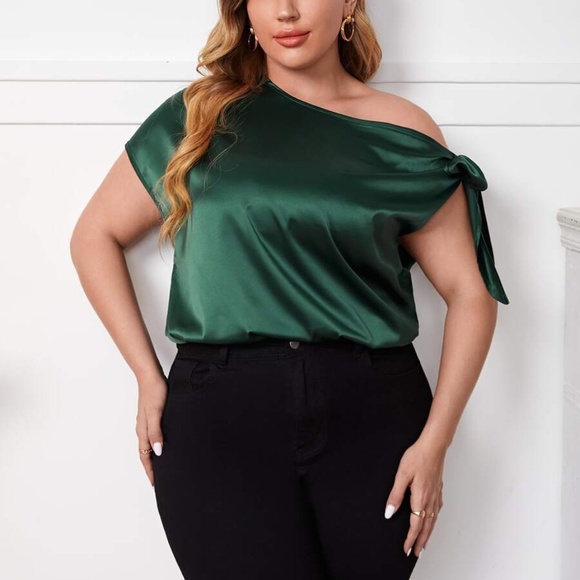 Green Off Shoulder Tie Satin Top - Picture 5 of 8